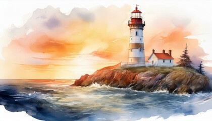 a beautiful watercolor illustration of a lighthouse illuminating the coast symbolizing guidance and safety for marine navigation