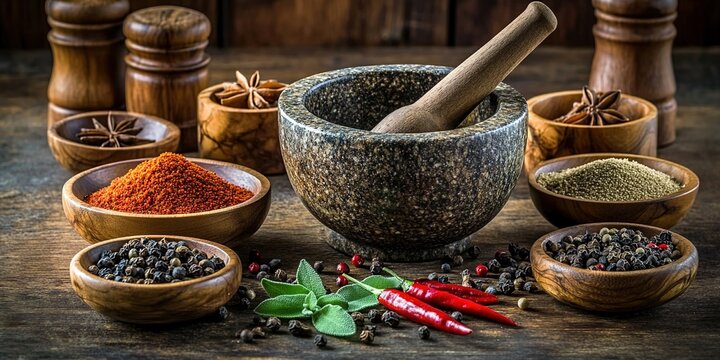 A photo of various spices and herbs in wooden bowls, including cumin powder, black pepper seeds, star anise pods, red chili peppers, and cinnamon sticks