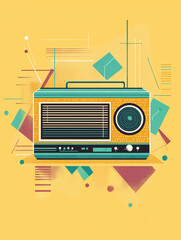 Obraz premium Retro-Radio in lebhafter Farbkulisse mit geometrischen Formen