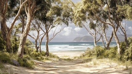 Scenic beach pathway through eucalyptus trees leading to ocean on cloudy day