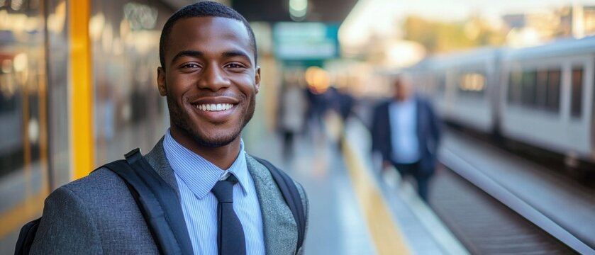 Smiling African American man in business attire with backpack waiting at train station platform, commuting to work in the morning Concept of urban lifestyle and public transportation