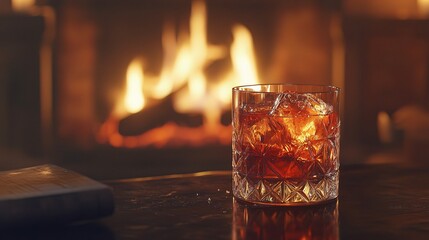 Vintage Cocktail by a Cozy Fireplace in a Warm Atmosphere