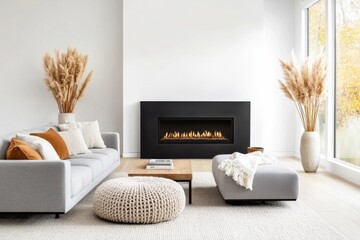 Modern living room with a sleek black fireplace, a gray upholstered sofa, soft cushions in warm tones, a knitted pouf, and natural elements like pampas