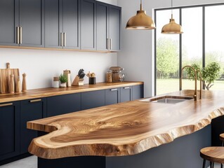 Modern rustic kitchen featuring a live edge wooden countertop, navy blue cabinets, bronze accents, and warm ambient lighting, with natural wood textures