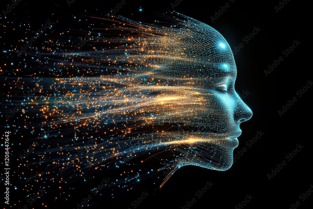 Poster visual representation of artificial intelligence transforming into digital energy streams