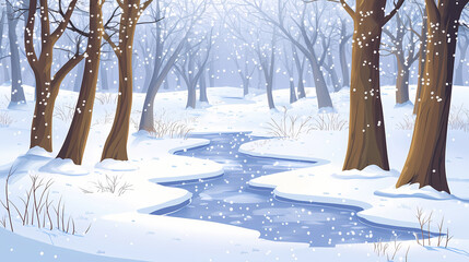 Snowy forest with bare trees and a frozen stream, water, winter wonderland, frosty. Frozen Forest. Illustration