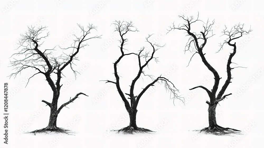 Poster collection of isolated dead trees with bare branches on white background