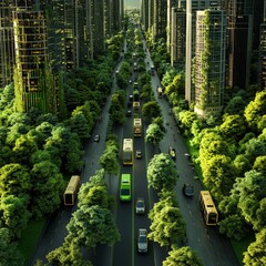Obraz premium key visual of a green city with green fuel sustainability concept, photorealistics, vehicles, trees 