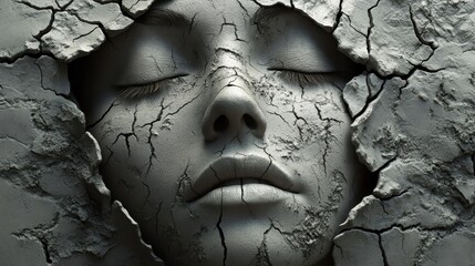A woman's face is shown in a cracked and broken state, with her eyes closed