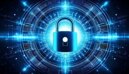 a glowing blue digital padlock at the center of a circular technological interface radiating energy and symbolizing cybersecurity and data protection