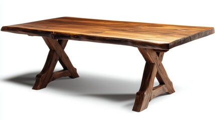 Rustic wooden table with natural finish and x-leg design