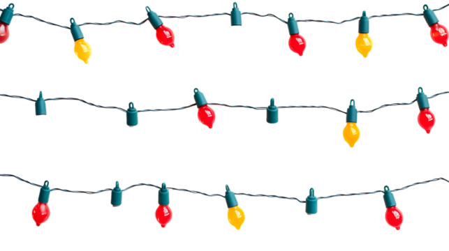 Christmas lights strung isolated on white background 