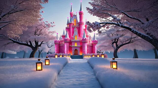 Pink castle surrounded by cherry blossom trees and lanterns in a snowy winter landscape at dusk


