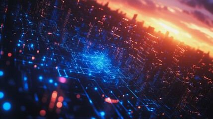 Fototapeta premium Smart digital Innovation city with connection network reciprocity over the cityscape. of future smart wireless digital city and social media networking systems that connects people with in city