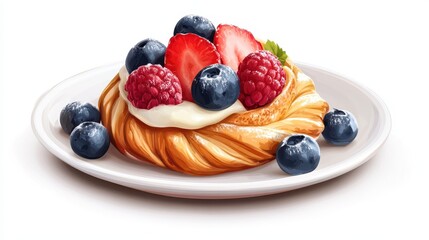 Delicious berry pastry with cream on white plate