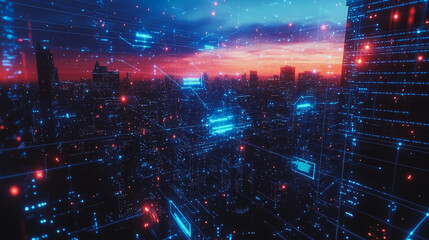 Obraz premium Smart digital Innovation city with connection network reciprocity over the cityscape. of future smart wireless digital city and social media networking systems that connects people with in city