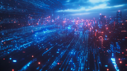 Obraz premium Smart digital Innovation city with connection network reciprocity over the cityscape. of future smart wireless digital city and social media networking systems that connects people with in city