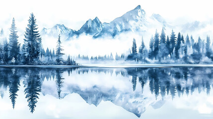 Fototapeta premium Winter forest scene with a frozen lake and snow-capped mountains, forest, calm. Frozen Forest. Illustration