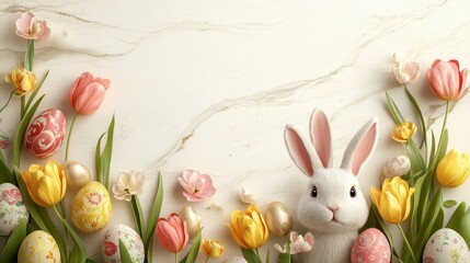 Obraz premium Easter bunny and floral arrangement with painted eggs - top view for holiday decoration