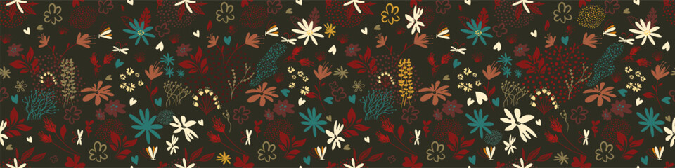 Seamless dark background of simple beautiful flowers. hand drawing. Not AI, Vector illustration.
