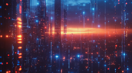 Obraz premium Smart digital Innovation city with connection network reciprocity over the cityscape. of future smart wireless digital city and social media networking systems that connects people with in city