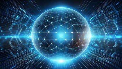 a glowing sphere with a network of lines surrounded by hexagonal patterns in a blue and black futuristic digital space