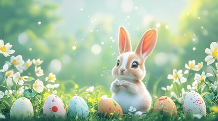 Adorable rabbit in spring garden surrounded by easter decorations and colorful eggs