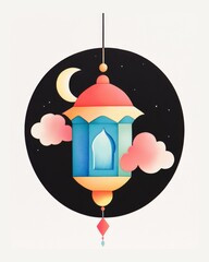 Obraz premium A colorful illustration of a hanging Ramadan lantern against a night sky.