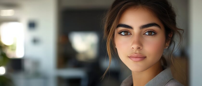Closeup portrait of a beautiful young adult biracial woman with brown eyes and hair, looking directly at the camera indoors with a neutral expression