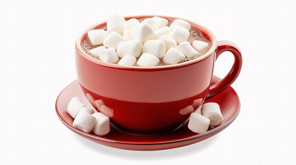Red Cup of Hot Chocolate with White Marshmallows Isolated on White