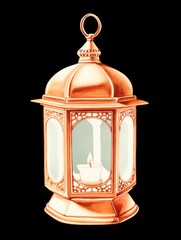 Ornate copper lantern with a lit candle inside, glowing softly against a dark background.