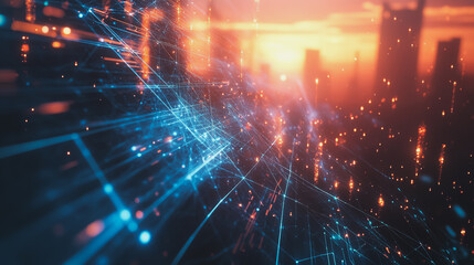 Obraz premium Smart digital Innovation city with connection network reciprocity over the cityscape. of future smart wireless digital city and social media networking systems that connects people with in city