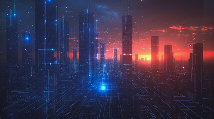 Obraz premium Smart digital Innovation city with connection network reciprocity over the cityscape. of future smart wireless digital city and social media networking systems that connects people with in city