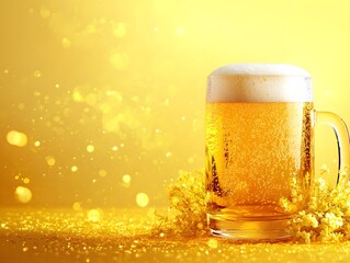 A beer on a yellow background. International Beer Day banner and concept