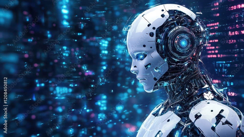 Poster futuristic humanoid robot with digital interface in cybernetic environment