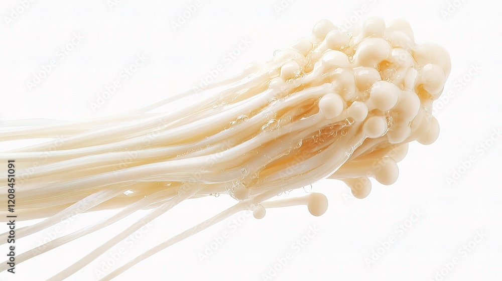 Poster intricate and delicate enoki mushroom with unique texture and form