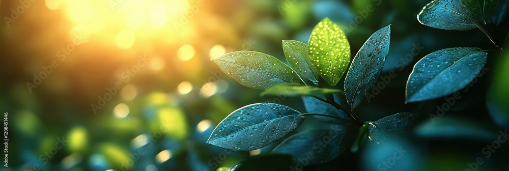 Poster sunlight filtering through wet leaves creates a serene and refreshing atmosphere