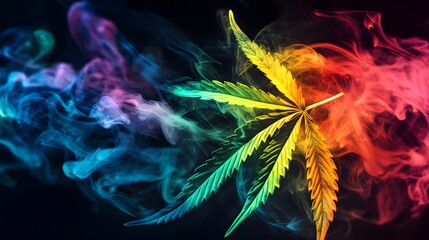 Macro shot of vibrant cannabis leaf with multicolored fog