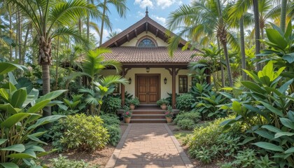 Fototapeta premium Traditional wooden house surrounded by lush tropical greenery