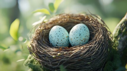Obraz premium Easter bird nest with two eggs in nature - ideal for seasonal decor and greeting cards