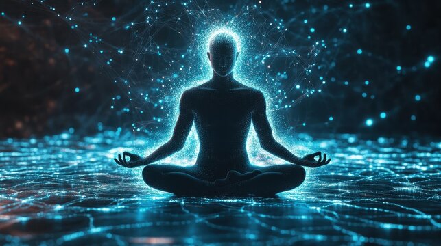 Digital meditation of a silhouetted figure in a futuristic networked environment