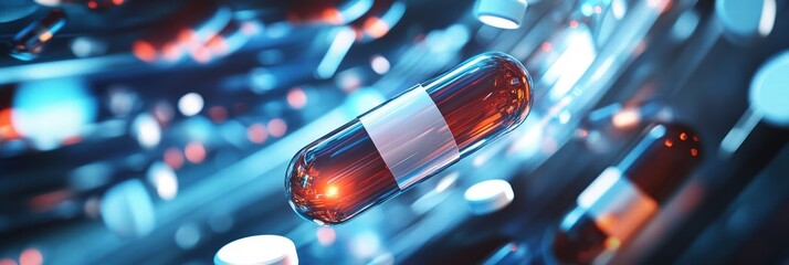 Vibrant graphic layout showcasing capsules in dynamic motion for health advertising