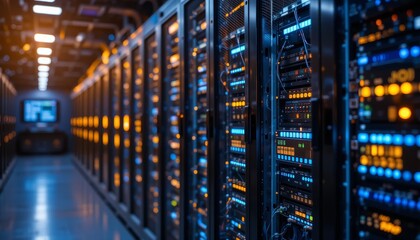 Modern data center with rows of illuminated servers