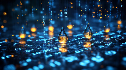 A digital water drop icon featuring cascading binary code symbolizing the fusion of technology and nature, representing data flow and innovation in the digital age with a bright, modern, blurred backg