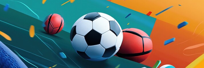 Graphic advertising layouts showcasing various sports balls on vibrant backgrounds