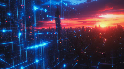 Smart digital Innovation city with connection network reciprocity over the cityscape. of future smart wireless digital city and social media networking systems that connects people with in city