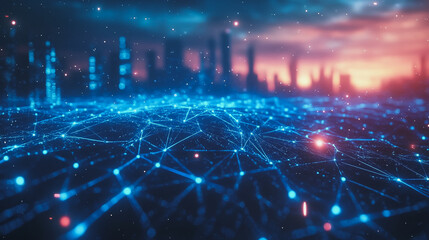Fototapeta premium Smart digital Innovation city with connection network reciprocity over the cityscape. of future smart wireless digital city and social media networking systems that connects people with in city