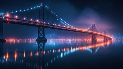 Fototapeta premium Illuminated bridge at night with a stunning reflection on the water under a foggy sky
