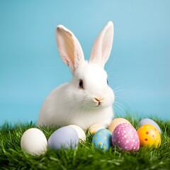 White Easter bunny is sitting on green grass with colorful Easter eggs
