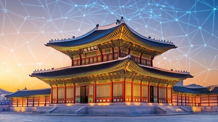 Traditional Korean Architecture Gyeongbokgung Palace with Network Skyline at Sunset, Seoul